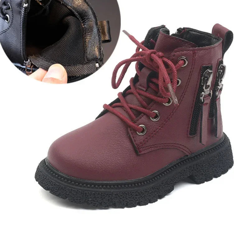 Burgundy PU Leather Ankle Boots for Kids