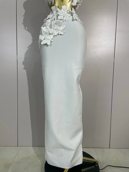 Women White Flowers V-Neck Bodycon Dress Set