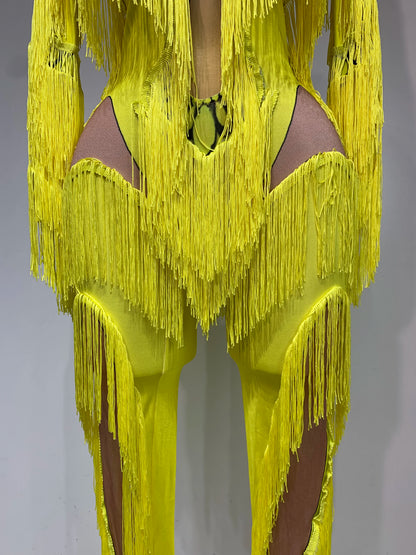 Yellow Polyester Bodycon Jumpsuit with Tassels