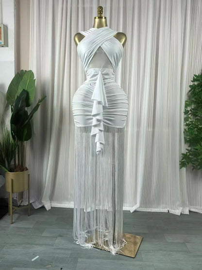Women Halter Neck Midi Bodycon Dress with Tassels