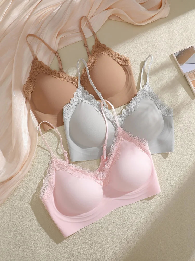 French Lace V Neck Seamless Wireless Bra S-XL