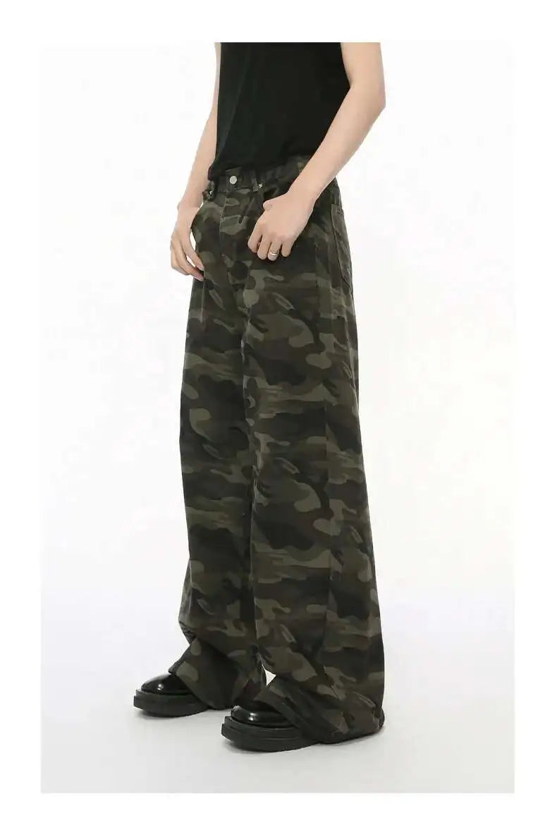IEFB Vintage Camouflage Men's Loose Denim Jeans Old Blue