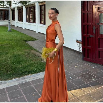 Elegant Halter Dress Women Solid Backless Maxi Dress