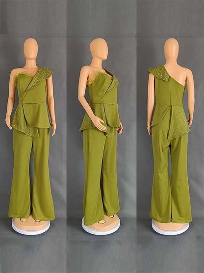 High Waist Strapless Jumpsuit with Rivet Collar for Women