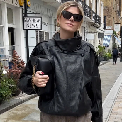 Women's Black Leather Bomber Jacket Zip-Up