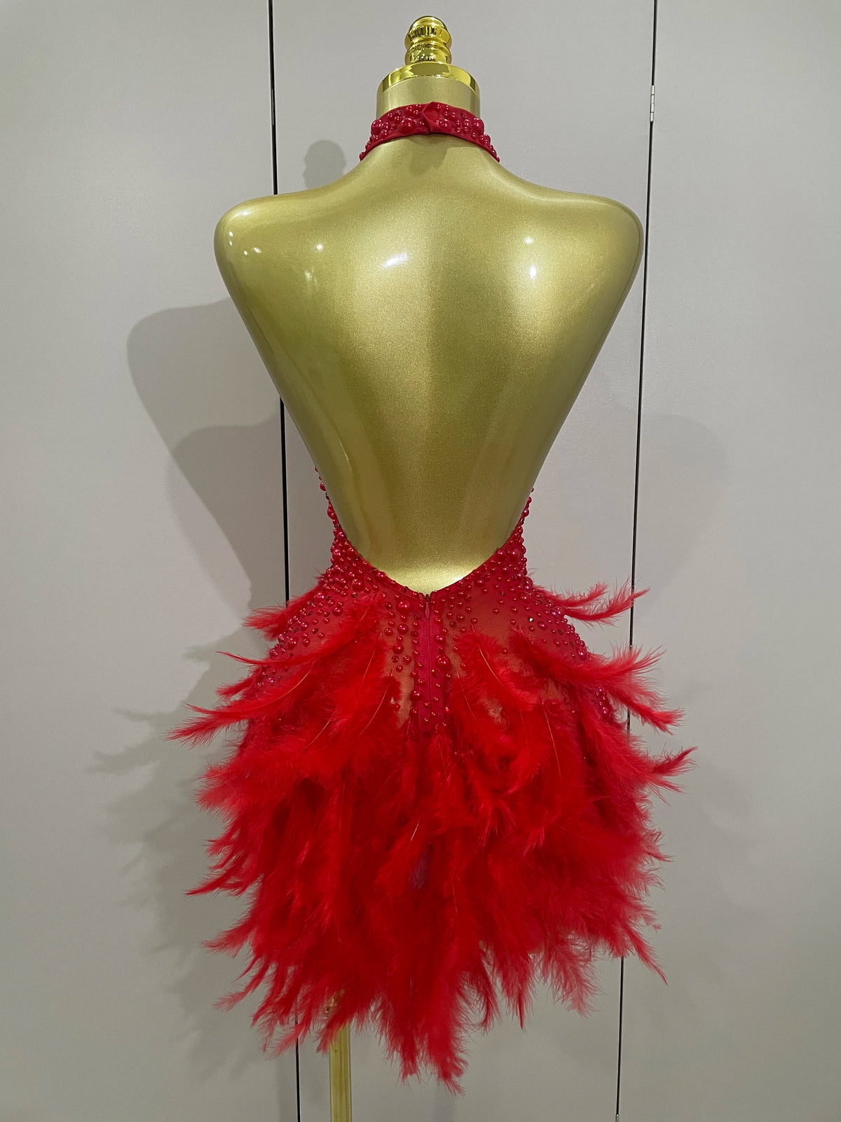 Luxury Rhinestones Pearls Feathers Halter Backless Dress