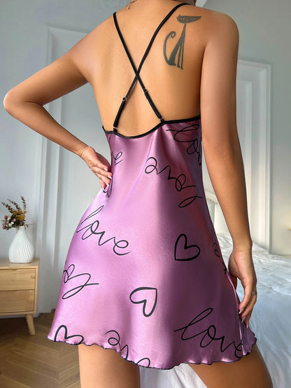 Heart Letter Print Spaghetti Strap Nightdress