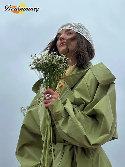 Green Oversized Belt Overcoat Women Long Sleeve Windbreaker