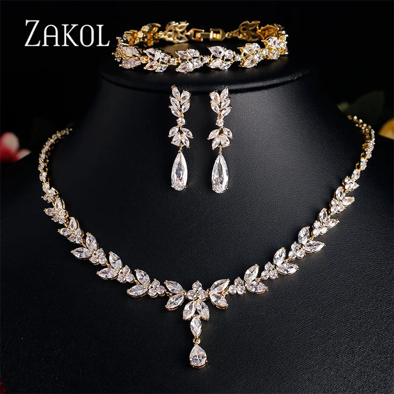 ZAKOL Brilliant Zirconia Leaf Jewelry Set for Women