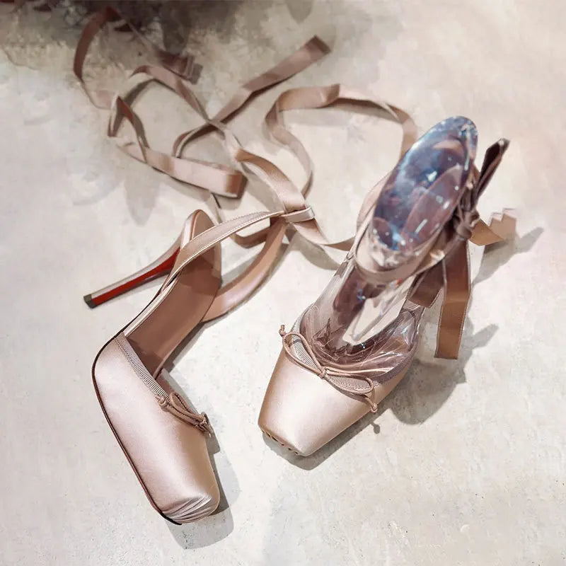 High-Heeled Satin Bow Ankle Strap Sandals for Women