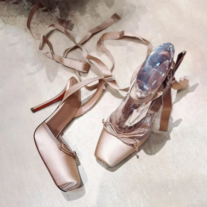 High-Heeled Satin Bow Ankle Strap Sandals for Women