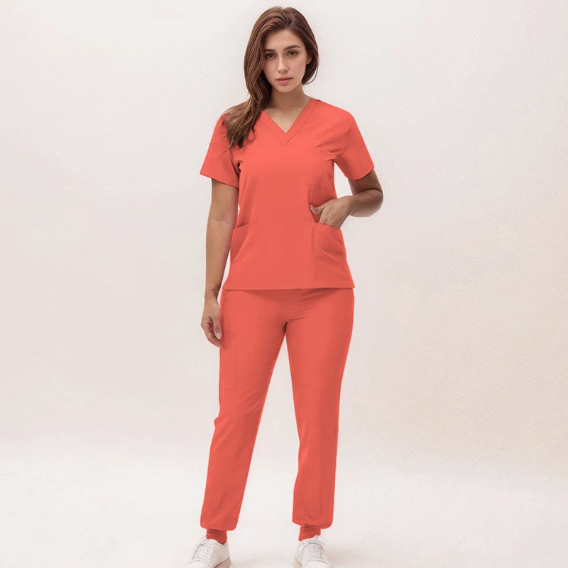 Stretchy V-Neck Nurse Scrub Set Jogger Pants