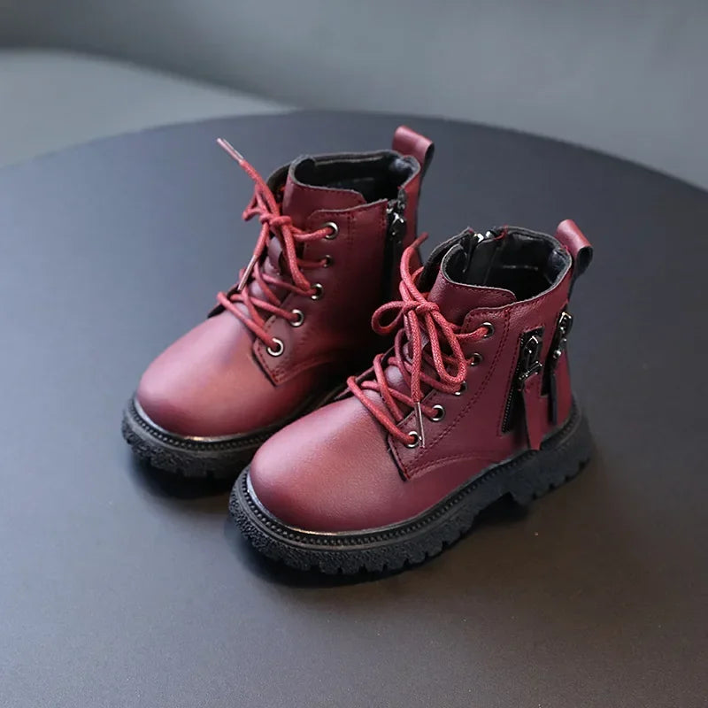 Burgundy PU Leather Ankle Boots for Kids