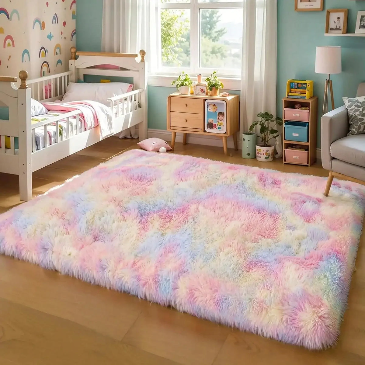 Black Plush Long-Pile Carpet, Soft Non-Slip Rug