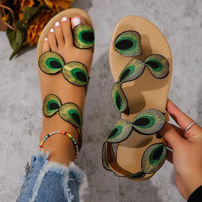 Yellow Faux Flower Embroidered Flat Sandals Size 43