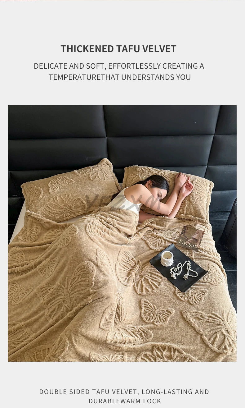 Coral Fleece Autumn Blanket with 3D Butterflies