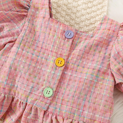 Summer Baby Girl Cotton Plaid Bubble Sleeve Set