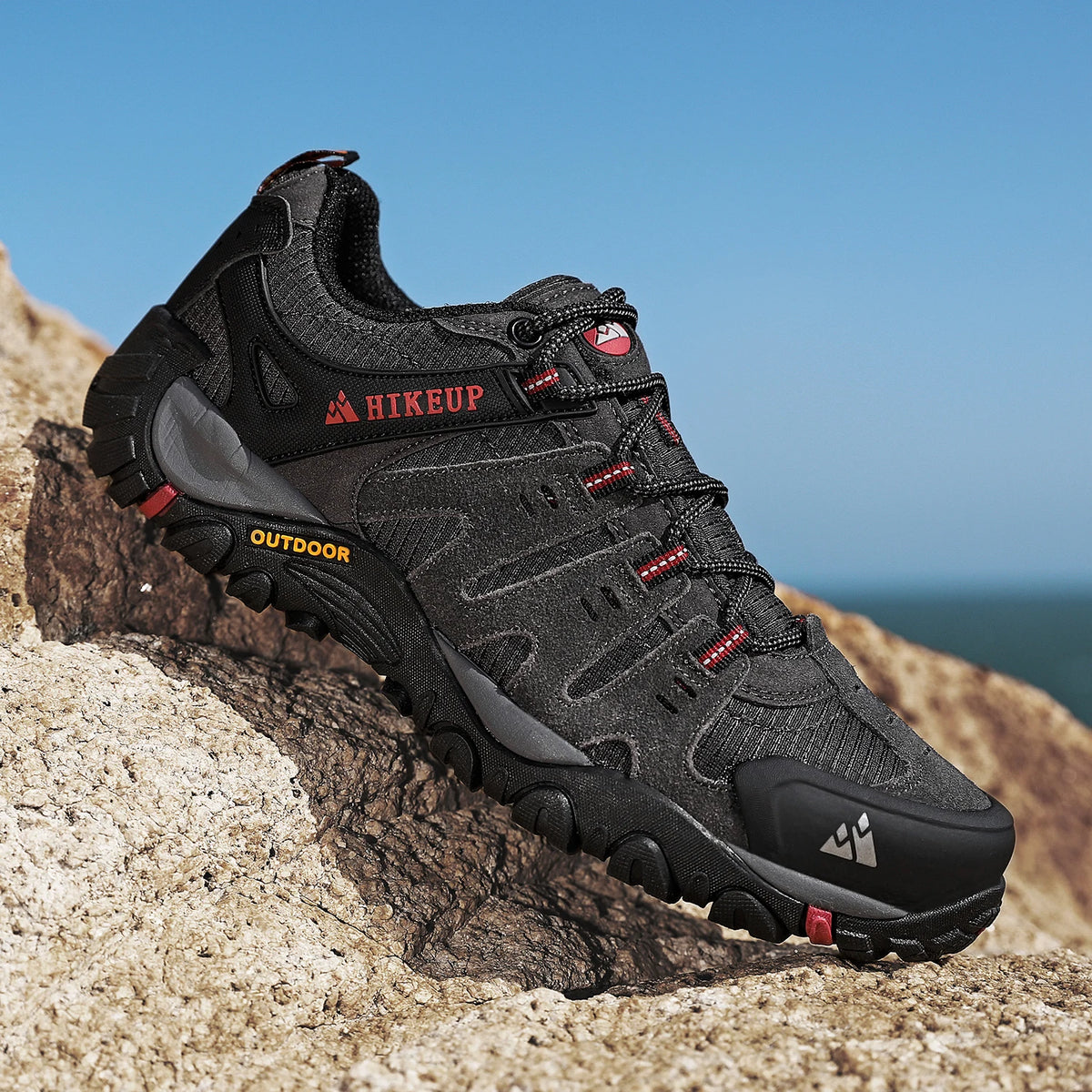 HIKEUP Men's Suede Leather Hiking Shoes Black Gray Khaki