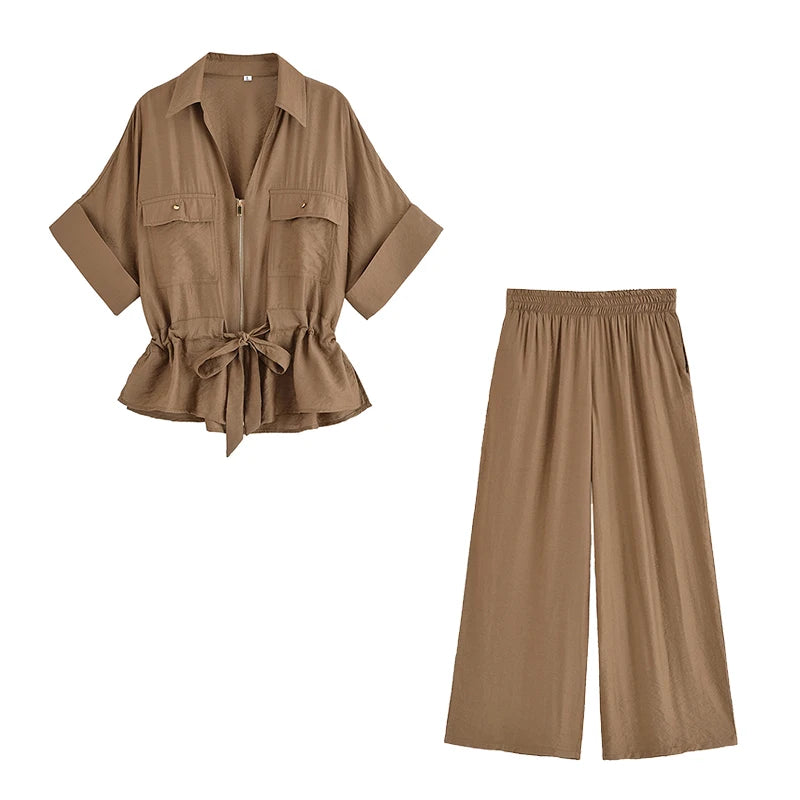 Willshela Women's Vintage 2 Piece Zipper Shirt and Trousers Set