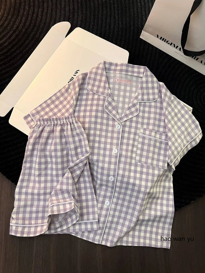 Japanese Minimalist Women's Pink Plaid Pajamas