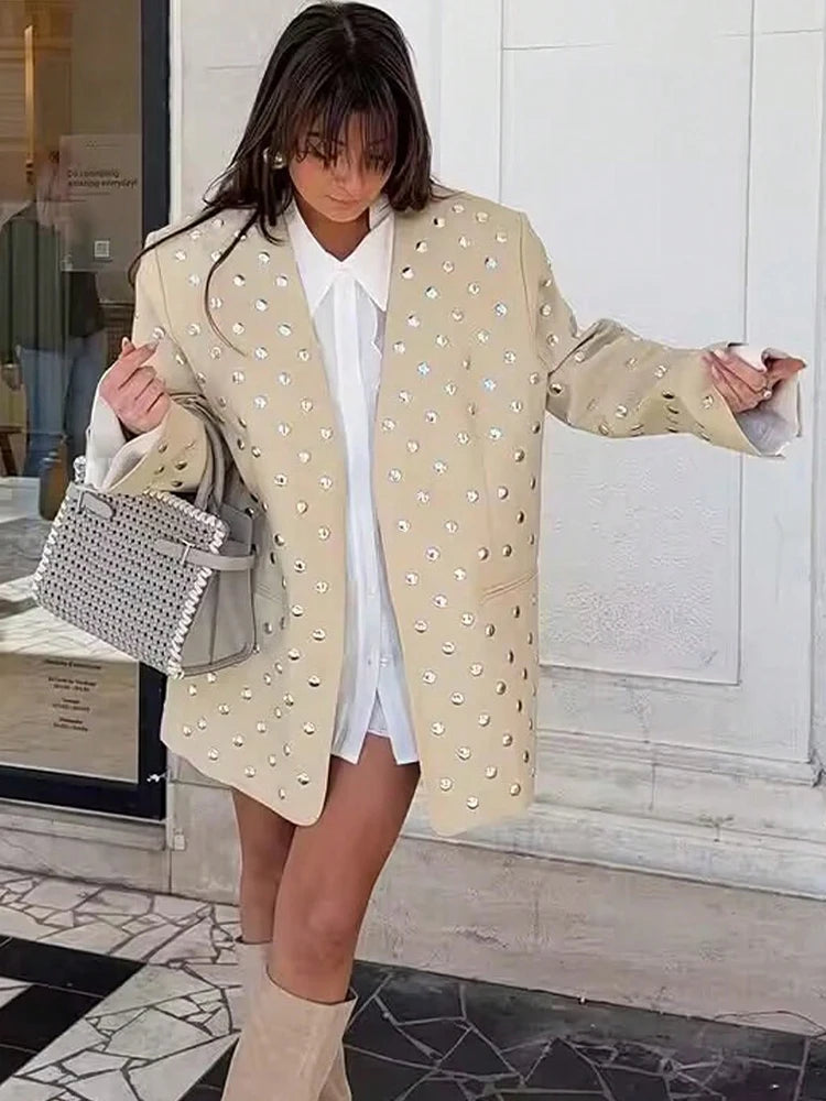 Beige Rivet Decoration Casual Blazer for Women