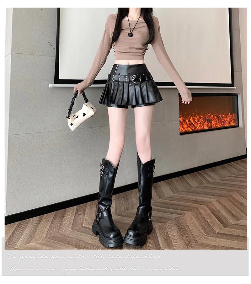 Black Pleated Leather A-line Skirt for Women