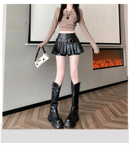 Black Pleated Leather A-line Skirt for Women