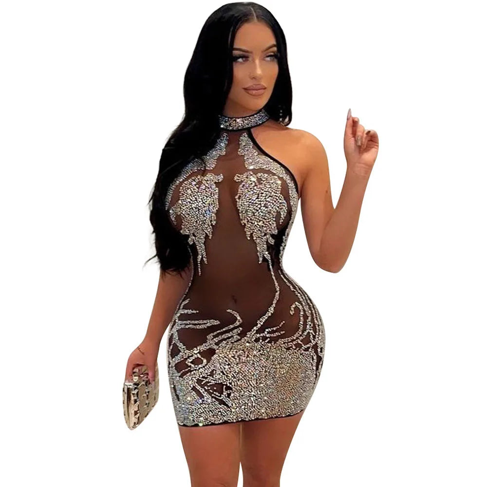 Rhinestone Mesh Bodycon Mini Dress for Women