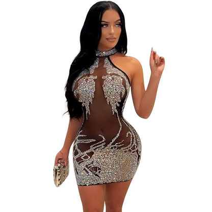 Rhinestone Mesh Bodycon Mini Dress for Women