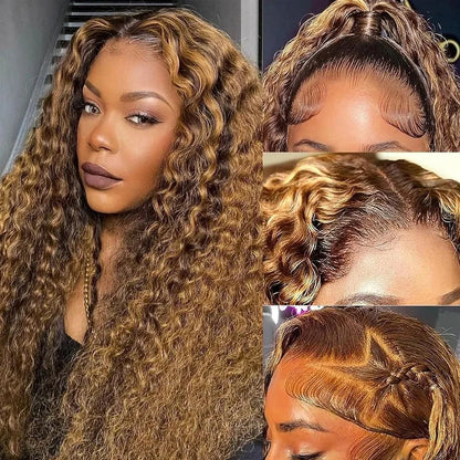 Deep Wave Human Hair Wig Honey Blonde Highlight 5x5 Lace Closure