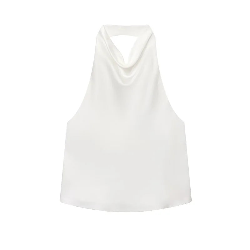Black Satin Backless Halter Top for Women