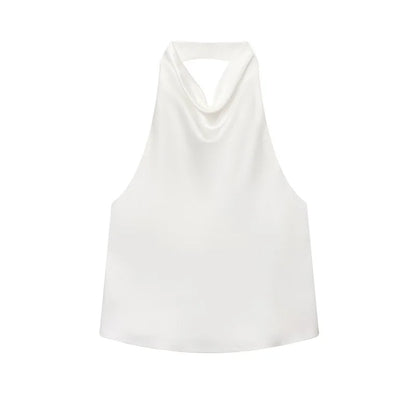 Black Satin Backless Halter Top for Women