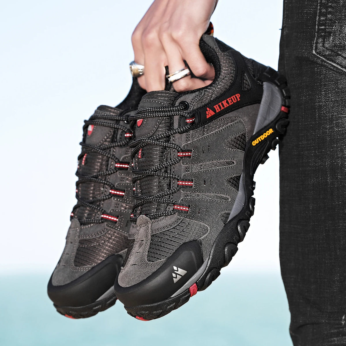 HIKEUP Men's Suede Leather Hiking Shoes Black Gray Khaki