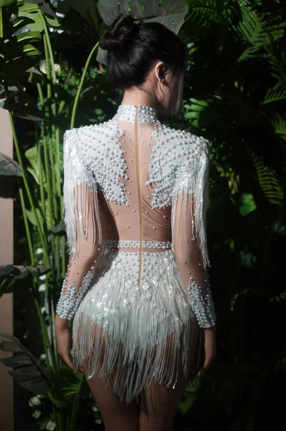 Rhinestone Tassel Elastic Bodysuit for Women