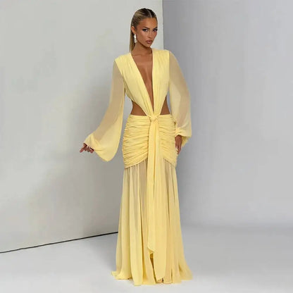Deep V Hollow Backless Chiffon Maxi Party Dress