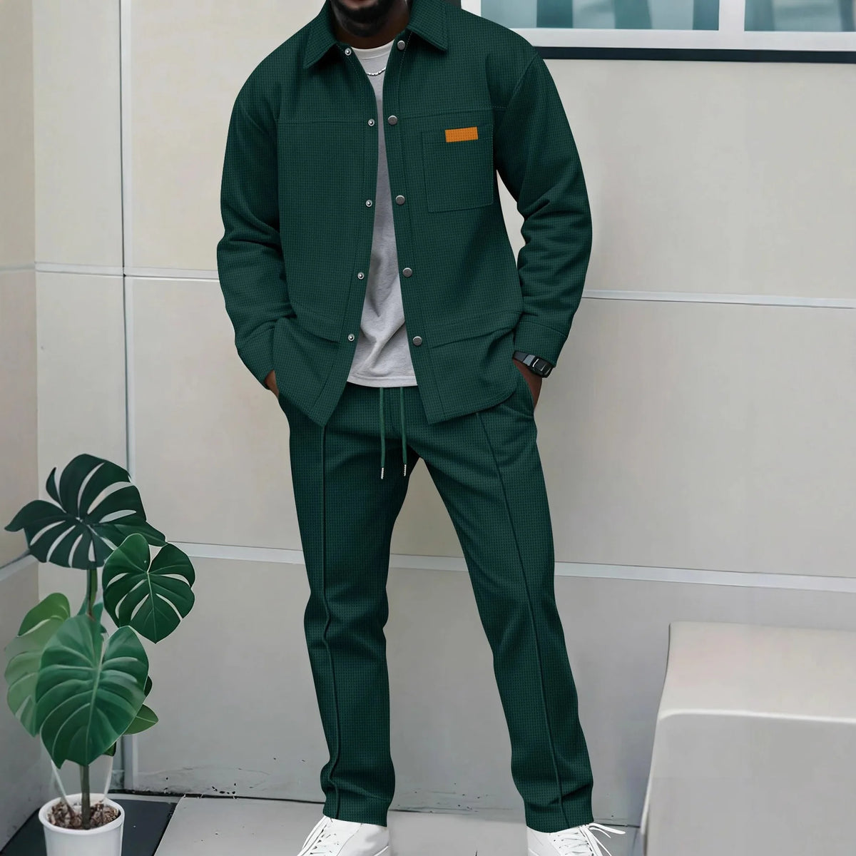 Men's Casual Waffle Pocket Jacket Set in Polyester