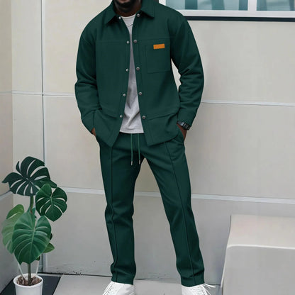 Men's Casual Waffle Pocket Jacket Set in Polyester