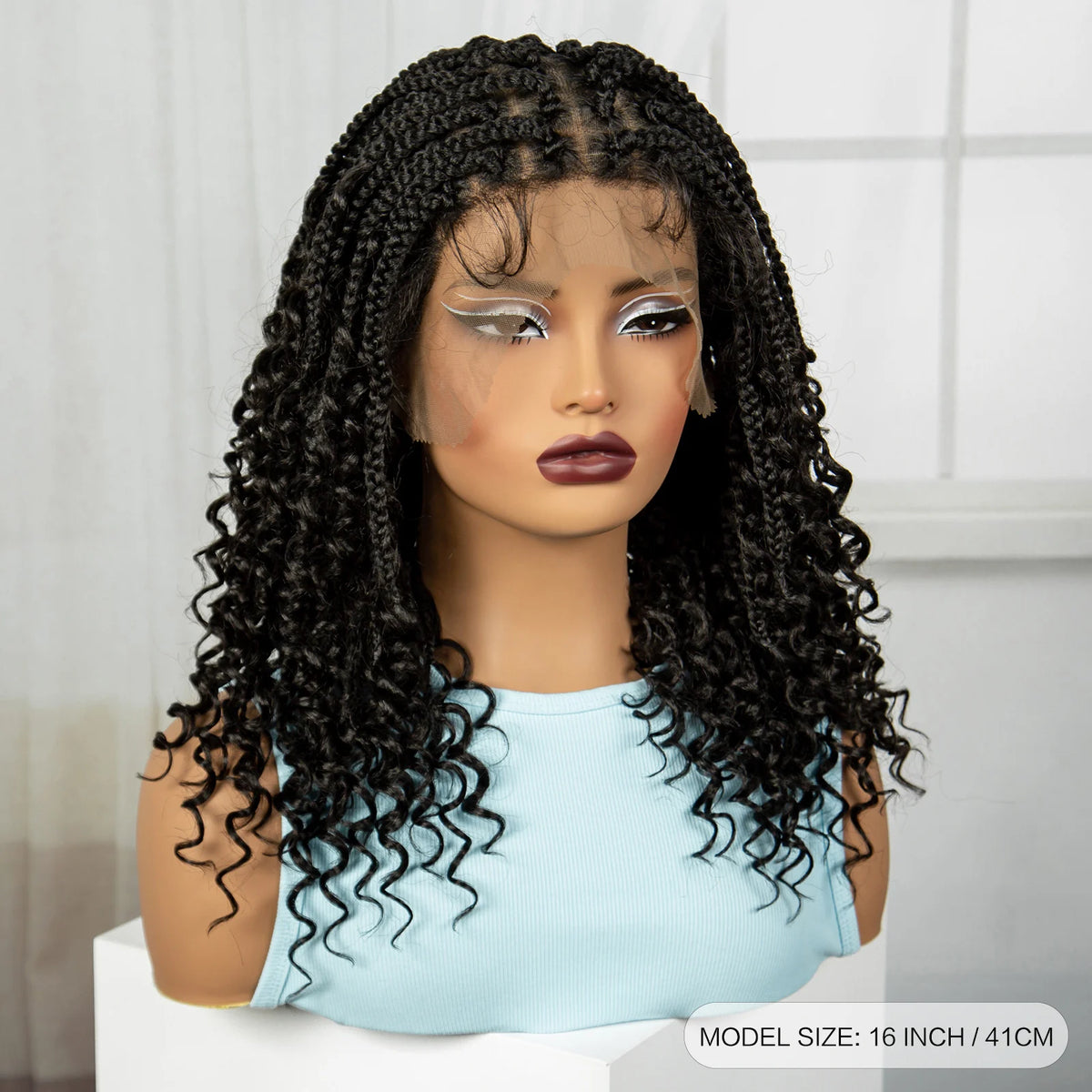 Knotless Box Braided Wigs with Curly Ends 16 Inches Synthetic