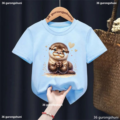 Kawaii Otter Love Printed T-Shirt for Kids