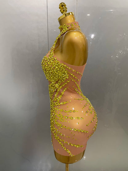 Sparkly Rhinestones Mesh See Through Dress for Women