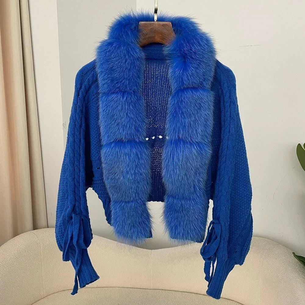 Knitted Cardigan Coat for Women with Real Fox Fur