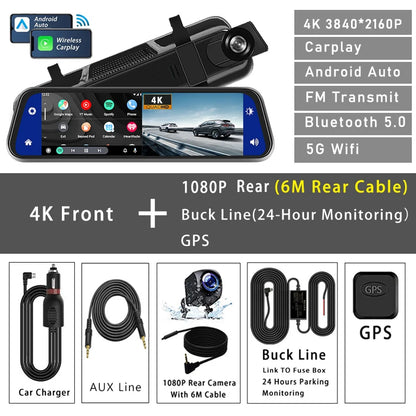 10 Inch 4K Dash Cam Rearview Mirror with GPS and WiFi