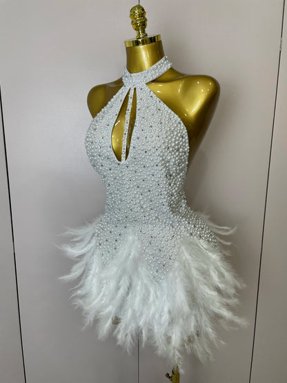 Luxury Rhinestones Pearls Feathers Halter Backless Dress