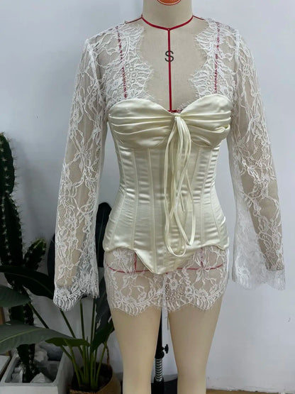 Lace Mini Dress for Women with Corset and Long Sleeves