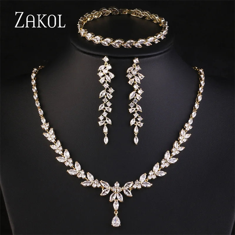 ZAKOL Brilliant Zirconia Leaf Jewelry Set for Women