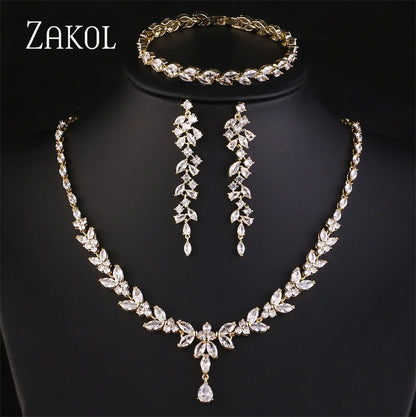 ZAKOL Brilliant Zirconia Leaf Jewelry Set for Women