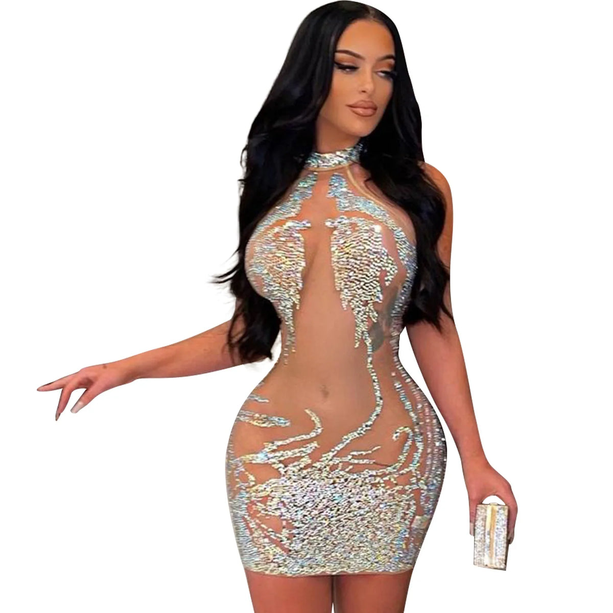Rhinestone Mesh Bodycon Mini Dress for Women