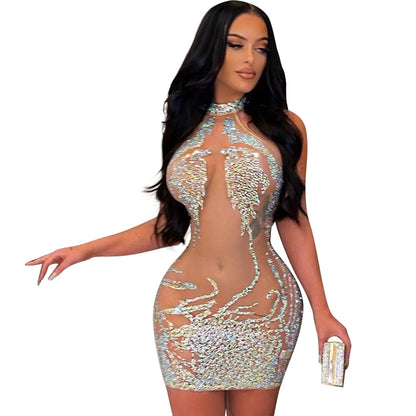 Rhinestone Mesh Bodycon Mini Dress for Women