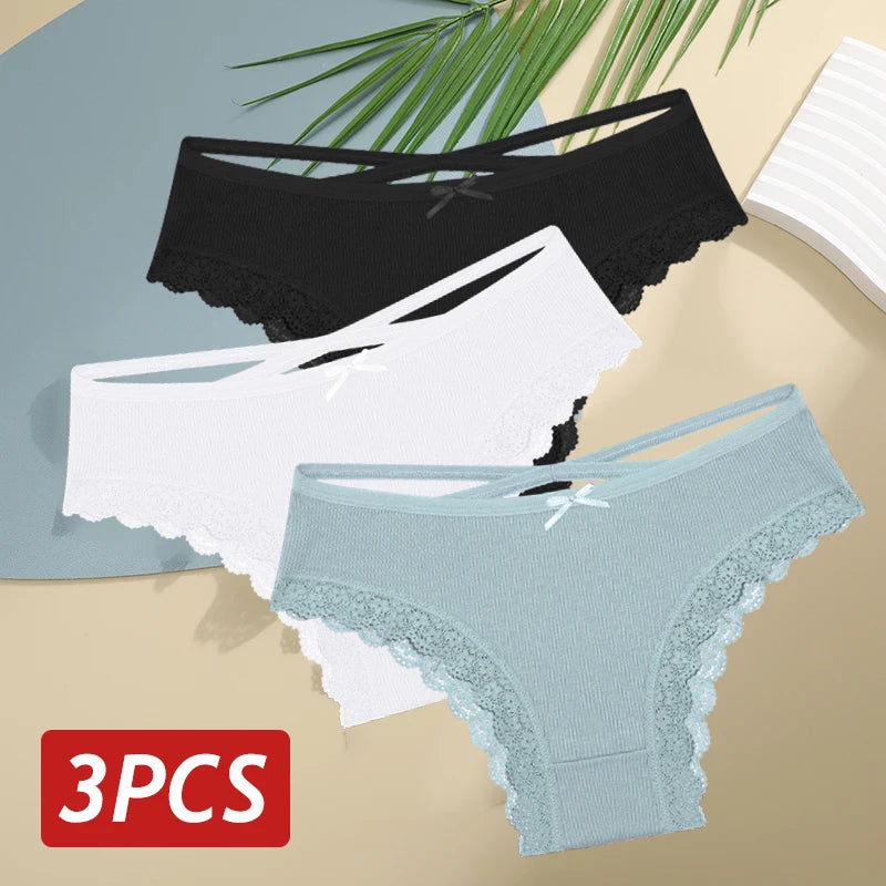 3PCS Women Cotton Lace Brazilian Panties Set S-XL