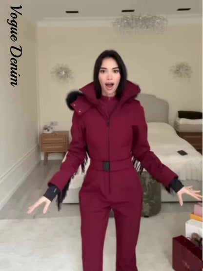 Women's Ski Suit with Fur Hood and Zippers